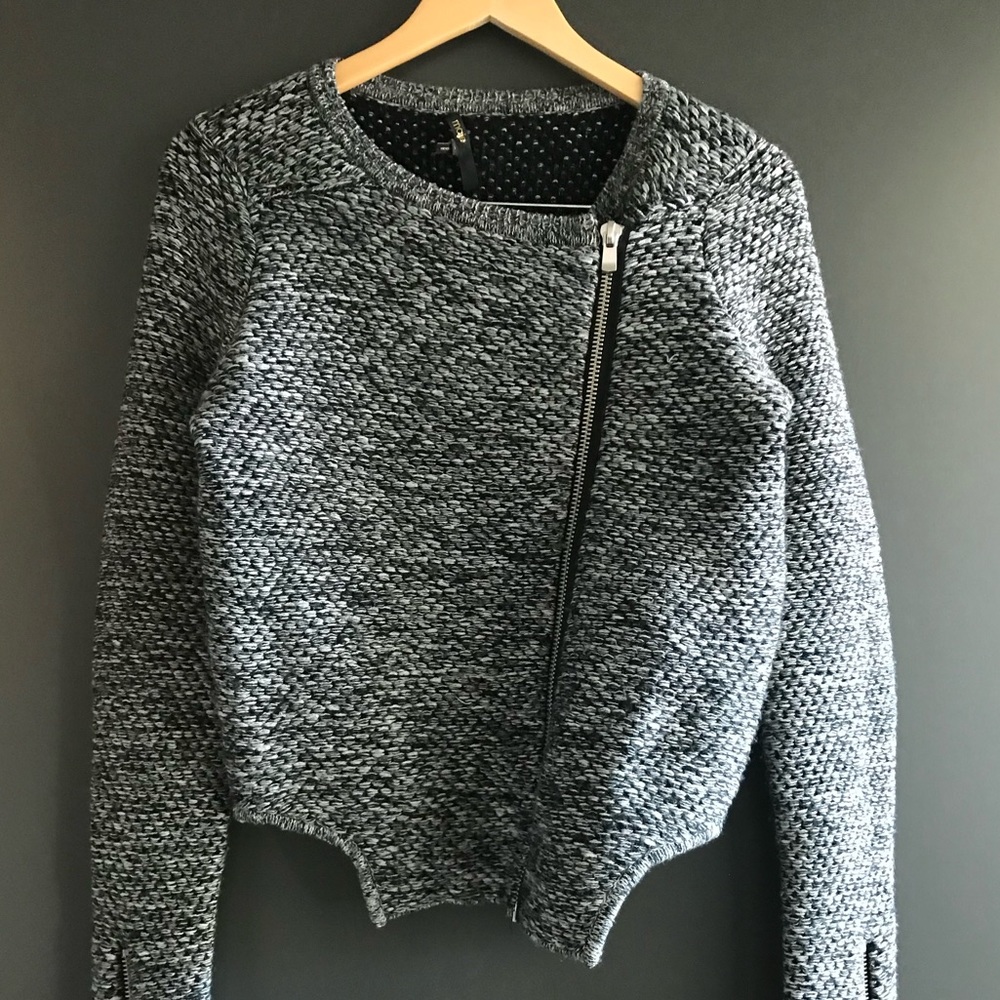 Maje aesymetric jacket/ cardigan. In black white marl.